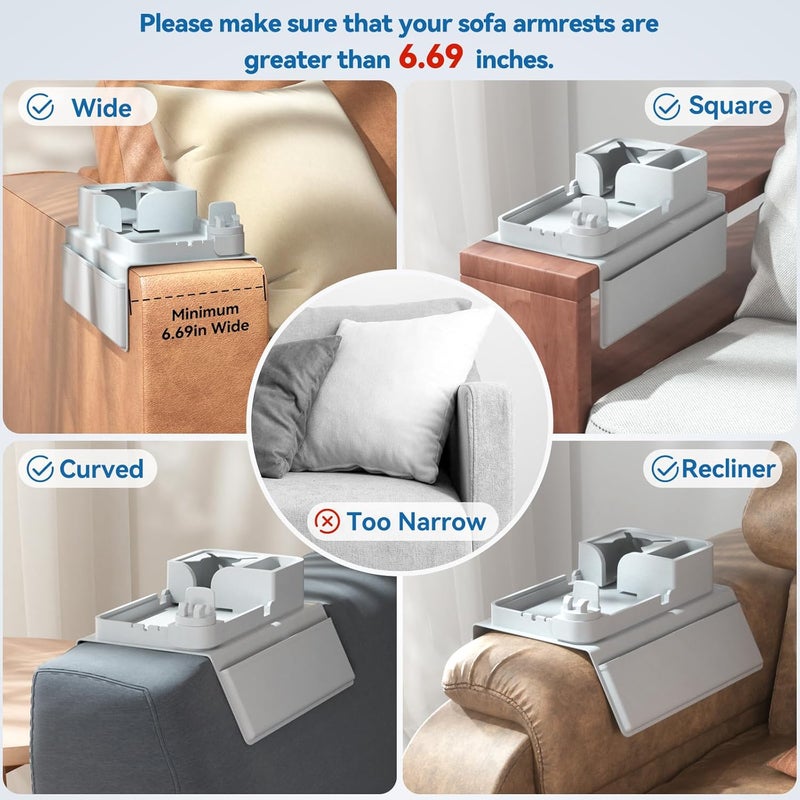 CLESOO Couch Arm Cup Holder Couch Arm Tray Anti-Slip Couch Cup Holder Silicone Sofa Armrest Tray Dual Side Pocket Couch Drink Holder Sofa Caddy Arm Remote Holder Snack Caddy with Phone Holder Grey - Image 2